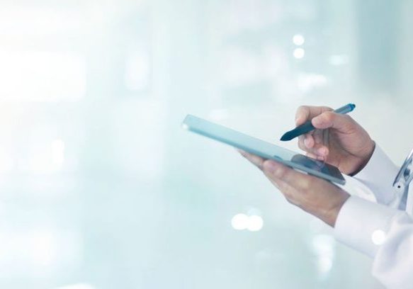 Medicine doctor and stethoscope touching medical information network connection interface on digital tablet in hospital background. Medical data and technology network concept